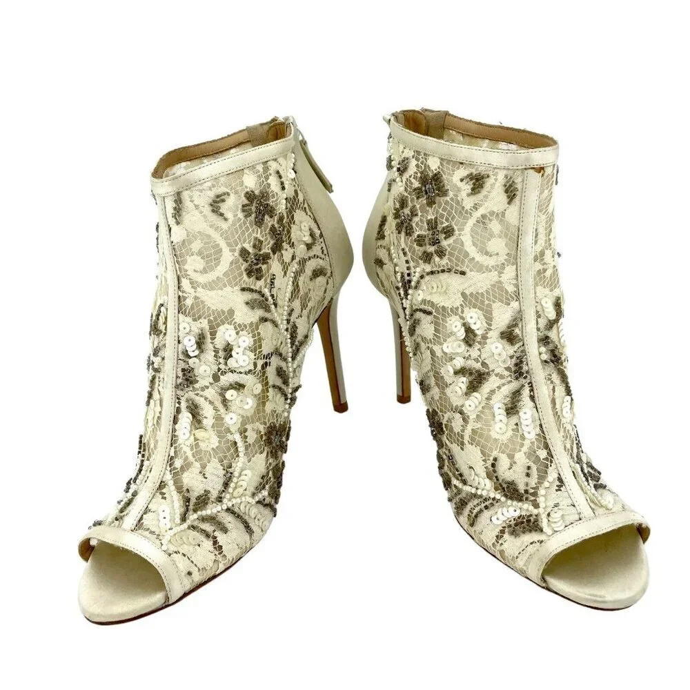 Badgley Mischka Moyra Booties Peep toe Beaded Sequin Beige Ankle SZ 7.5